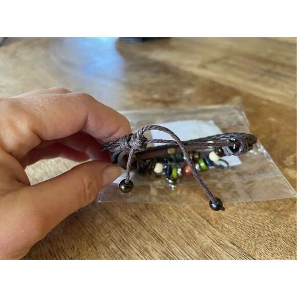 Handmade Hippie Design Brown Leather Bracelet Women Metal Star Note Chars Wood B - Picture 3 of 3